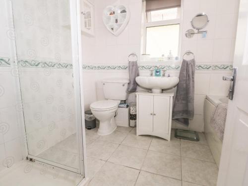 a bathroom with a toilet and a sink and a shower at 5 Woodside Avenue in Rhyl