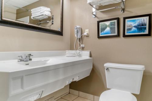 a bathroom with a sink and a toilet and a mirror at Comfort Inn in Manistique