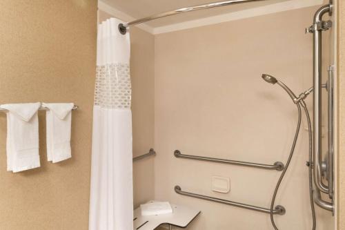 a bathroom with a shower with a shower curtain at Hampton Inn Cincinnati Kings Island in Mason