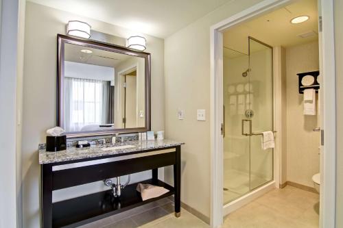 a bathroom with a sink and a mirror and a shower at Hampton Inn and Suites Cincinnati - Downtown in Cincinnati