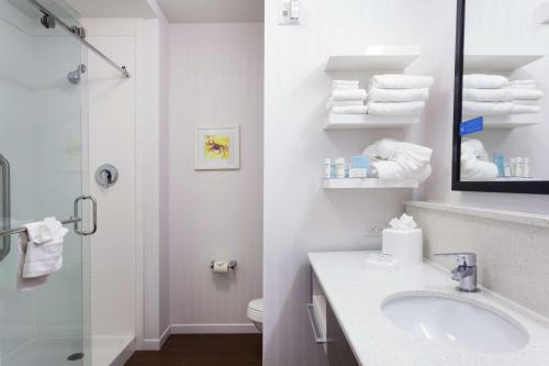 a bathroom with a sink and a shower and a toilet at Hampton Inn & Suites - DeLand in DeLand