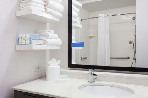 a bathroom with a sink and a mirror and towels at Hampton Inn & Suites - DeLand in DeLand