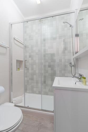 a bathroom with a shower and a sink and a toilet at T3 Praia do Baleal in Ferrel