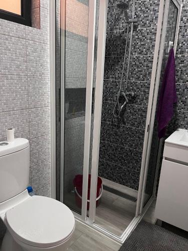 a bathroom with a shower with a toilet and a shower at Casa Mar e Sol - Murdeira - Ilha do Sal in Palha Verde