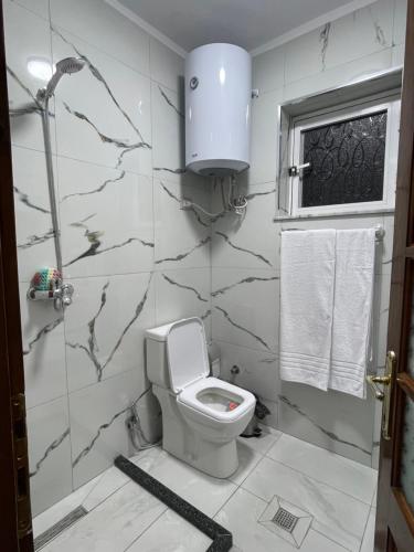 a white bathroom with a toilet and a shower at Guest house tirana in Tirana