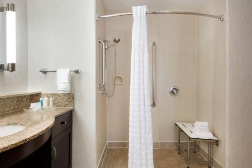 uma casa de banho com chuveiro e cortina de chuveiro em Homewood Suites by Hilton Plano-Richardson em Plano