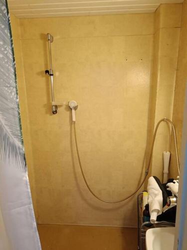 a shower in a bathroom with a hose on the wall at Rauhallinen kaksio, puusauna käytettävissä in Varkaus