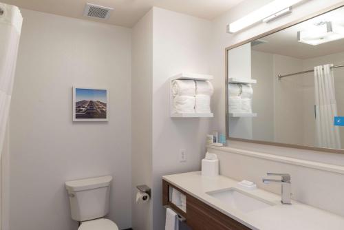 a bathroom with a sink and a toilet and a mirror at Hampton Inn & Suites Xenia Dayton in Xenia