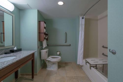 a bathroom with a toilet and a sink and a shower at Hampton Inn Dahlgren in Dahlgren