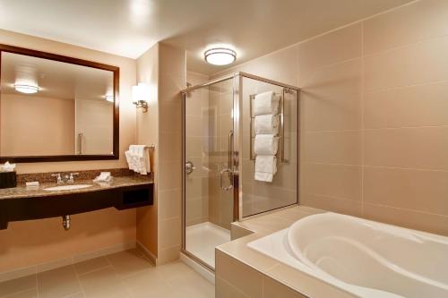 a bathroom with a shower and a tub and a sink at Hilton Garden Inn Woodbridge in Woodbridge