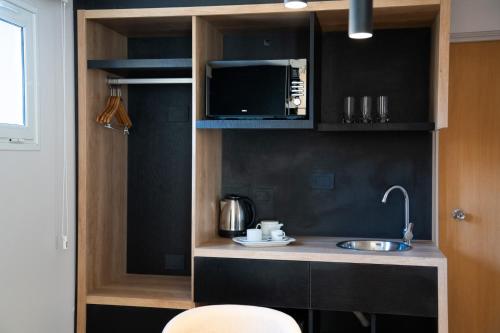 uma pequena cozinha com um lavatório e um micro-ondas em Urbana Suites em Mendoza
