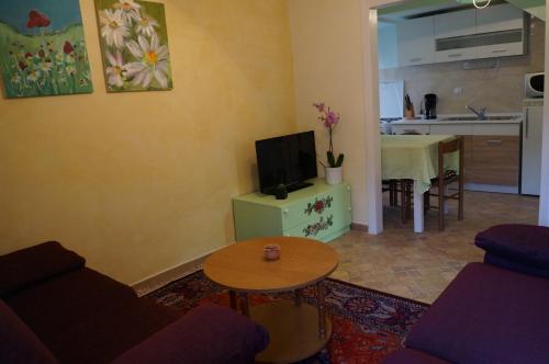a living room with a couch and a table and a kitchen at Apartment Istriana in Poreč