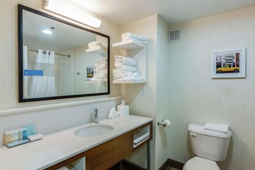 a bathroom with a sink and a mirror and a toilet at Hampton Inn Dickson in Dickson