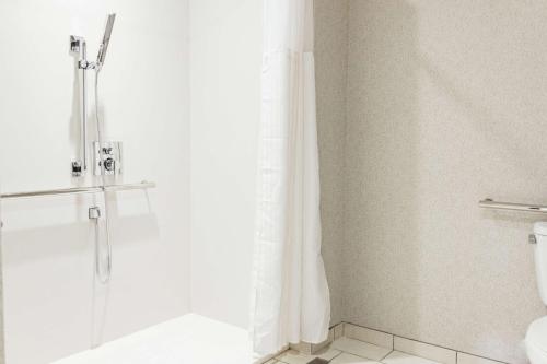 a bathroom with a shower with a toilet and a shower curtain at Revel Hotel, Tapestry Collection By Hilton in Urbandale