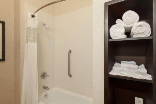 een badkamer met een bad, een douche en handdoeken bij Hampton Inn Detroit Roseville in Clinton