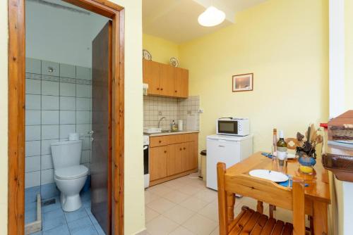 eine Küche mit einem WC, einem Waschbecken und einem Tisch in der Unterkunft Dolphin Studio in Tranakátika