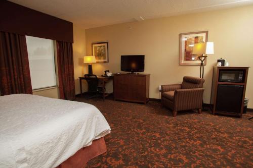 a hotel room with a bed and a tv and a chair at Hampton Inn Elmira/Horseheads in Horseheads
