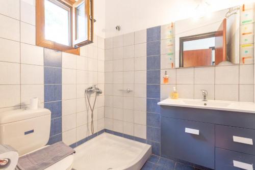 y baño con ducha, aseo y lavamanos. en Villa Katerina, en Panormos Skopelos