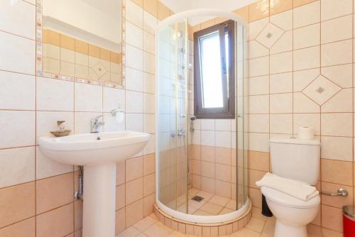 ein Bad mit einem WC, einem Waschbecken und einer Dusche in der Unterkunft Villa Eufrosini in Svoronata