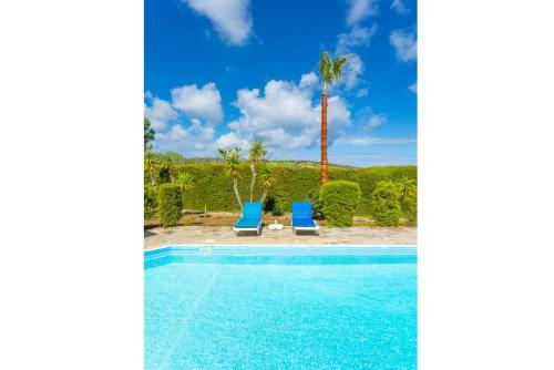 a swimming pool with two blue chairs and a palm tree at Villa Christia Maris in Neo Chorio