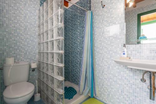 a bathroom with a shower with a toilet and a sink at Villa Sol Y Mar in Yaiza