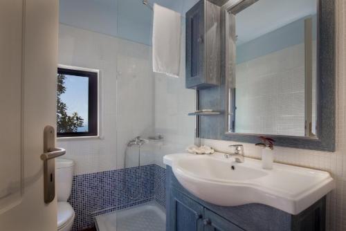 y baño con lavabo, aseo y espejo. en Villa Ilia, en Roussospítion