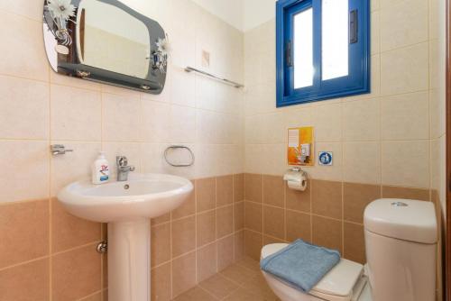 a bathroom with a sink and a toilet and a mirror at Villa Charoula Tessera in Polis Chrysochous