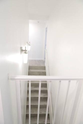 a stairway with a glass railing and a stair case at Insta Worthy Modern Bungalow in Homestead