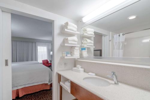 baño con lavabo, espejo y cama en Hampton Inn Frostburg, en Frostburg