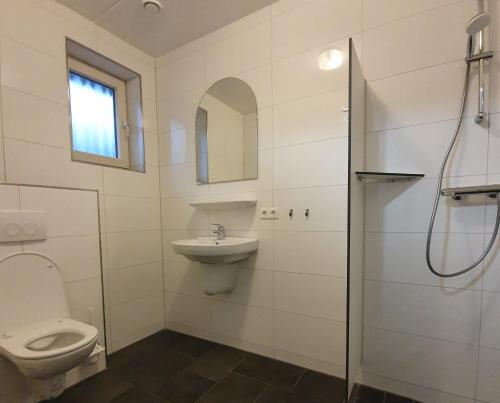 a bathroom with a toilet and a sink and a shower at Bungalowpark Bij de Bronnen in Nutter