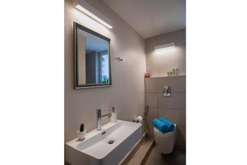 a bathroom with a sink and a mirror and a toilet at Villa Armi in Episkopí- Rethimno