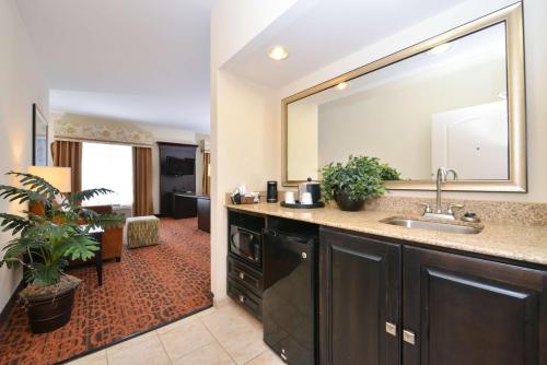 een badkamer met een wastafel en een grote spiegel bij Hampton Inn Pecos in Pecos