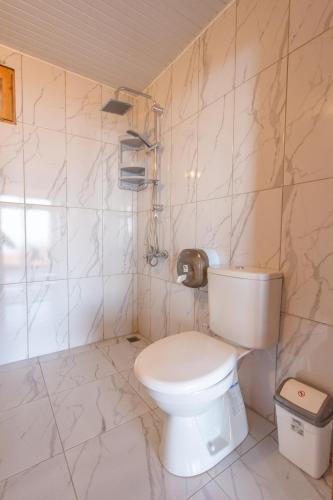 a bathroom with a white toilet in a room at Kadir's Eco Life in Kumluca