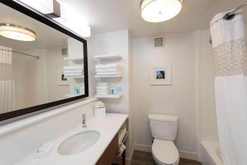 a bathroom with a sink and a toilet and a mirror at Hampton Inn Grand Rapids-South in Wyoming