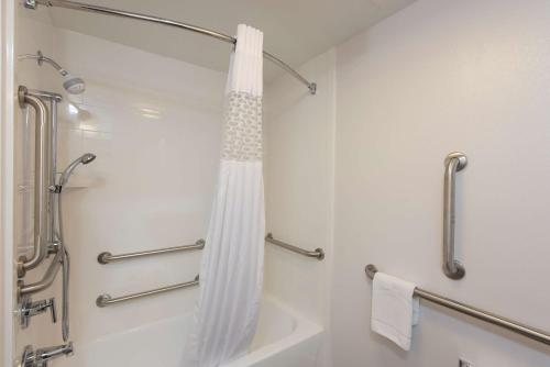 a bathroom with a shower with a shower curtain at Hampton Inn Grand Rapids-South in Wyoming
