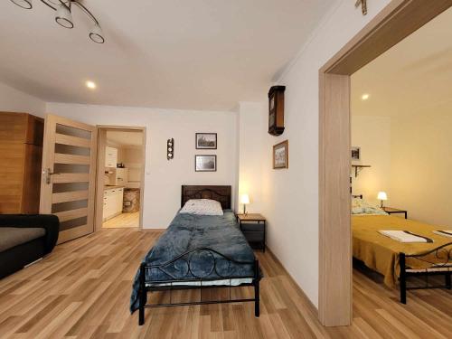 a bedroom with a bed and a desk in a room at Noclegi Przy Niemczówce in Chęciny