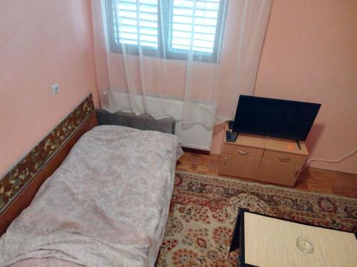 Dormitorio pequeño con cama y TV en Vila Goca, en Gornja Trepča