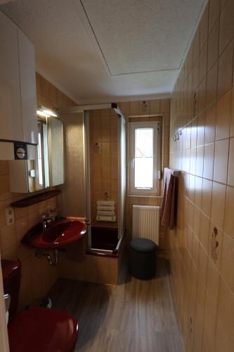 a bathroom with a red sink and a window at Ferienhaus Alte Maßschneiderei in Schleiden