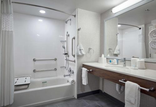 La salle de bains est pourvue d'une baignoire, d'un lavabo et d'un miroir. dans l'établissement Hampton Inn by Hilton Harrisburg West, à Mechanicsburg