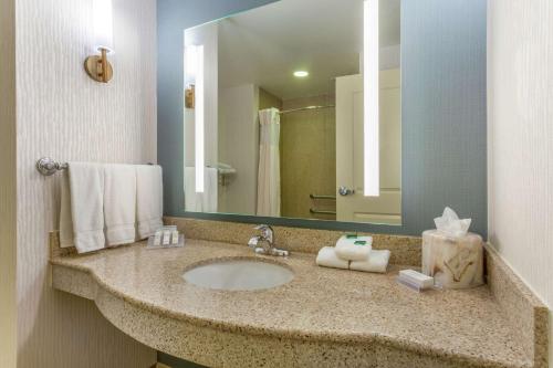 a bathroom with a sink and a large mirror at Hilton Garden Inn Indianapolis Downtown in Indianapolis