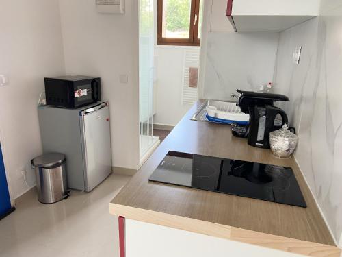 uma cozinha com um balcão e comodidades para preparar café em Studio entre Paris et Disney em Villiers-sur-Marne