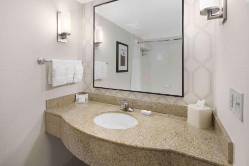 a bathroom with a sink and a large mirror at Hilton Garden Inn Jackson-Madison in Madison