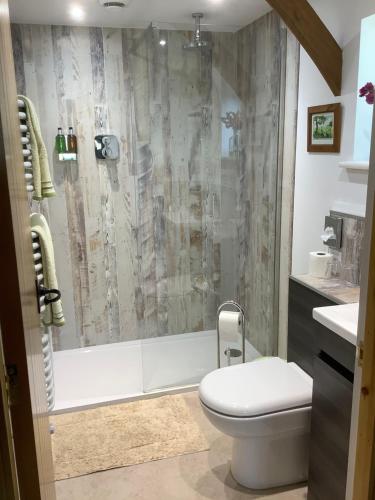 uma casa de banho com um WC e um chuveiro em The Oak Lodge, Clematis Cottages, Stamford em Stamford