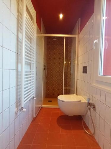 a bathroom with a shower with a toilet in it at AFFITTACAMERE SobborgoSpina47 in Sarzana