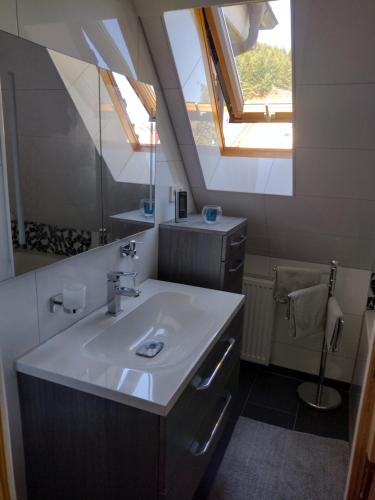 een badkamer met een wastafel en een dakraam bij Ferienwohnung an der Murg in Baiersbronn