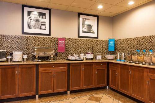a kitchen with wooden cabinets and a counter with food at Hampton Inn & Suites East Lansing in Okemos