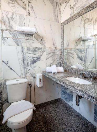 a bathroom with a toilet and a sink and a mirror at Savassinho Hotel & Residence in Belo Horizonte