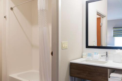 ein Bad mit einer Dusche, einem Waschbecken und einem Spiegel in der Unterkunft Hampton Inn & Suites East Lansing in Okemos