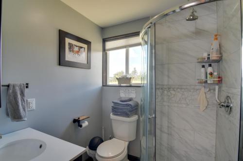a bathroom with a shower and a toilet and a sink at Secluded Jefferson Cabin with Deck and Mountain Views! in Bordenville