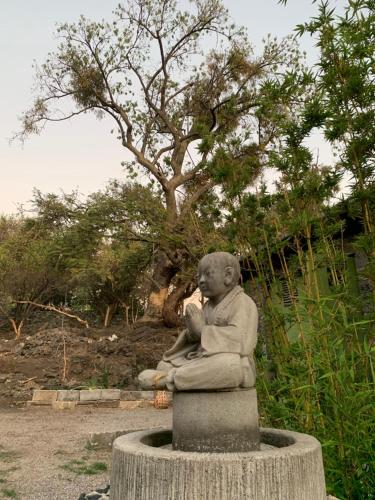 una estatua de un hombre sentado en un muñón en Estudio en la Montaña, en Tepoztlán